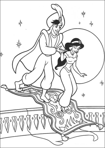 Prince Ali And Jasmine In The Background Of The Moon Coloring Page